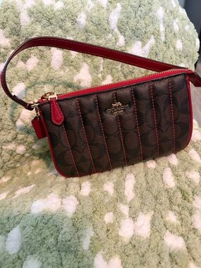 Coach Brown Signature Wristlet with Red Trim